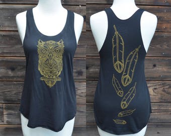 Gold Owl and Feather Women's Tank Top - Black Racerback Tank Top - Women's Yoga Tank Top - Women's Clothing - Festival Tank Top