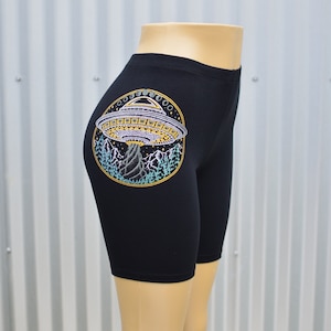 Glow in the Dark Alien UFO Biker Shorts - Women&#39;s Yoga Shorts - Flying Saucer Shorts - Women&#39;s Festival Shorts - Uriah Clear Light Shorts
