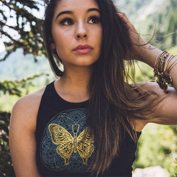 Butterfly Mandala Fitted Crop Top - Glow in the Dark Crop Top - Women's Butterfly Crop Top - Mandala Crop Top - Yoga Top - Festival Crop Top