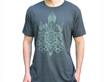 暗闇で光るシードオブライフクリスタルTシャツ - メンズフェスティバルウェア - 神聖幾何学ウェア - フェスティバルシャツ - シードオブライフシャツ