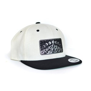 Silver Mountain and Moon Phase Snapback Hat - Alpine Mountian Snapback Hat - Festival Snapback - Leather Patch Hat - Nature Hat