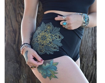 Crystal Mandala High Waisted Hot Shorts - Glow in the Dark Sacred Geometry Yoga Shorts - Women's Festival Shorts - Metatron's Cube Shorts