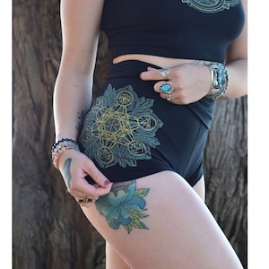 Crystal Mandala High Waisted Hot Shorts - Glow in the Dark Sacred Geometry Yoga Shorts - Women&#39;s Festival Shorts - Metatron&#39;s Cube Shorts