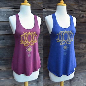 Gold Lotus Flower Racerback - Women&#39;s Black Racerback - Festival Tank Top  - Sacred Geometry Tank Top - Flower of Life Tank Top