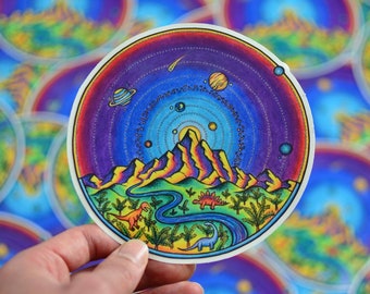 Hand Drawn Dinosaur Solar System Sticker - Psychedelic Vinyl Decal  - Aprox. 5"x5"