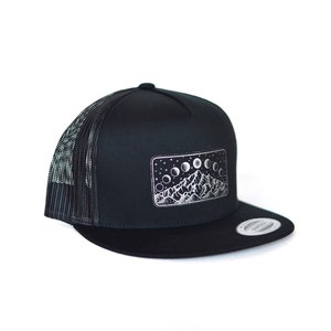Silver Mountain and Moon Phase Snapback Hat - Alpine Mountian Snapback Hat - Festival Snapback - Leather Patch Hat - Nature Hat