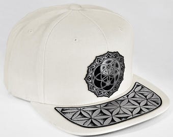 Yin Yang Snapback Hat – Metallic Silver Sacred Geometry Faux Leather Patch