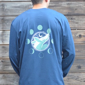 Humpback Whale and Moon Phase Long Sleeve Shirt - Glow in the Dark Festival Long Sleeve - Mens Whale Clothing - Navy Long Sleeve