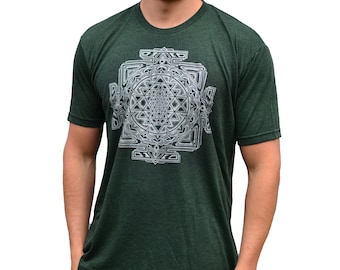 Men's Silver Sri Yantra T Shirt - Sacred Geometry T Shirt - Men's Festival Shirt - Sri Yantra Clothing