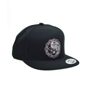 Metallic Silver Sin Yang Snapback Hat -  Black Snapback Hat - Sacred Geometry Snapback Hat - Festival Snapback - Leather Patch Hat