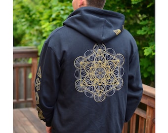 Glow in the Dark Metatron's Cube Zip Up Hoodie  - Gold Sacred Geometry Clothing - Flower of Life Festival Hoodie - Mens Hooded Sweatshirt