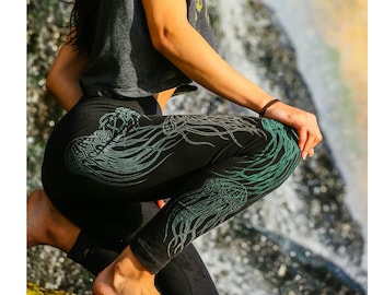 Glow in the Dark Jellyfish Full Leg Leggings - Yoga Leggings - Women's Black Leggings - Women's Festival Leggings - Jellyfish Yoga Pants