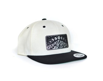 Silver Mountain and Moon Phase Snapback Hat - Alpine Mountian Snapback Hat - Festival Snapback - Leather Patch Hat - Nature Hat