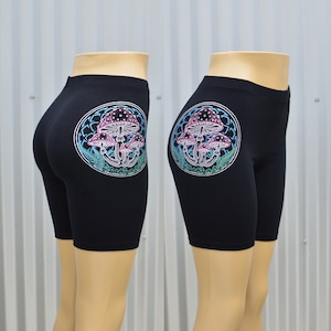 Metallic Mushroom Biker Shorts - Women&#39;s Yoga Shorts - Festival Shorts - Psychedelic Biker Shorts - Uriah Clear Light
