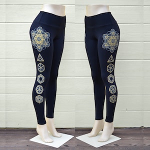 Glow in the Dark Metatron&#39;s Cube and Platonic Solid Fitness Leggings - Sacred Geometry Yoga Leggings - Women&#39;s Black Yoga Leggings