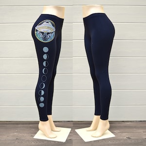 Glow in the Dark Alien UFO Leggings - Women's Black Leggings - Flying Saucer Leggings - Women's Festival Leggings - Take Me Home Leggings