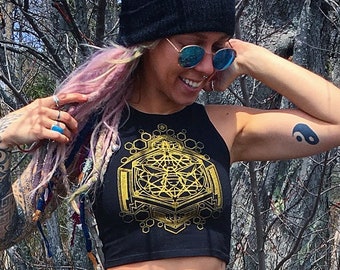 Golden Sacred Geometric Honey Bee Crop Top - Black Crop Top - Women's Sacred Geometry Clothing - Yoga Wear - Honeycomb Festival Crop Top