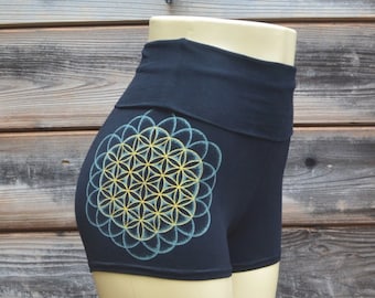 Glow in the Dark Flower of Life High Waisted Hot Shorts - Sacred Geometry Shorts - Roll Top Shorts - Damen Yoga Shorts - Festival Shorts