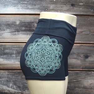 Glow in the Dark Sacred Geometry Mandala High Waisted Hot Shorts - Sacred Geometry Clothing  - Roll Top Festival Shorts - Women&#39;s Yoga Short