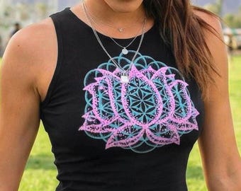 Glow in the Dark Lotus Flower of Life Crop Top - Women's Yoga Crop Top - Sacred Geometry Festival Tank - Spiritual Boho Shirt