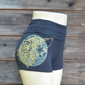 Tribal Wolf and Moon High Waisted Shorts - Glow in the Dark Shorts - Sacred Geometry Shorts - Yoga Shorts - Festival Shorts - Booty Shorts