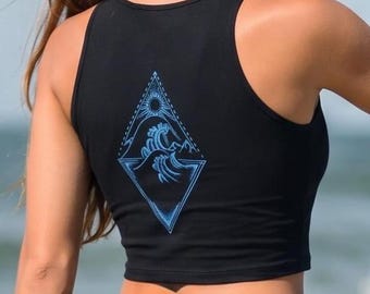 Black Fitted Ocean Wave Crop Top – Sacred Geometry Festival Shirt