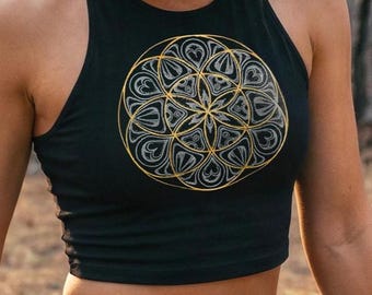 Glow in Dark Seed of Life Crop Top – Gold Chakra Sacred Geometry Yoga Shirt