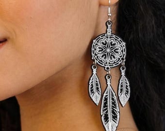 Sacred Geometry Dreamcatcher Earrings - Feather Earrings -Women's Festival Jewelry - Sterling Silver