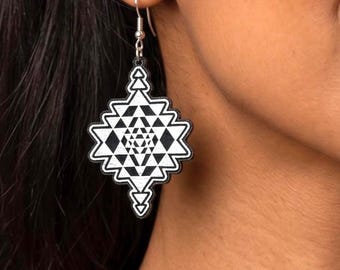 Sri Yantra Earrings - Sacred Geometry Festival Jewelry - Sterling Silver Dangle Earrings