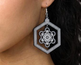 Metatron's Cube Earrings - Sacred Geometry Festival Jewelry - Sterling Silver Dangle Earrings