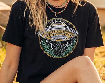 Glow in the Dark UFO Crop Top – Hand Drawn Alien Abduction Sci Fi Shirt
