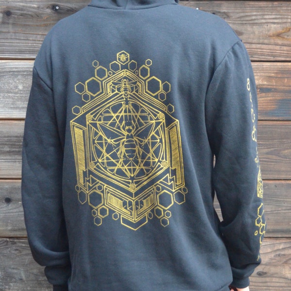 Sacred Geometric Honeybee Hoodie Sweat Shirt - Honeybee Hoodie - Honeycomb Zip Up - Sacred Geometry Hoodie - Zip Up Hoodie - Mens Hoodie