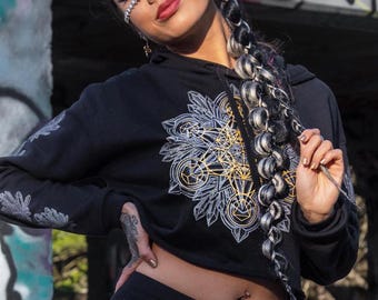 Black Cropped Hoodie – Glow in Dark Sacred Geometry, Crystal Mandala, Metatron's Cube
