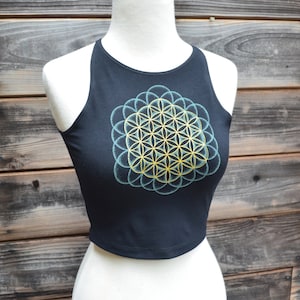 Glow in the Dark and Gold Flower of Life and Dreamcatcher Black Fitted Crop Top - Yoga T-Shirt  - Sacred Geometry Clothing - Yoga Wear