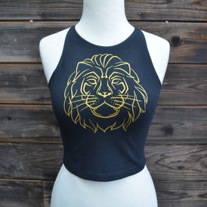 Golden Lion Black Fitted Crop Top - Sacred Geometry Clothing - Women&#39;s Yoga Wear - Women&#39;s Festival Clothing