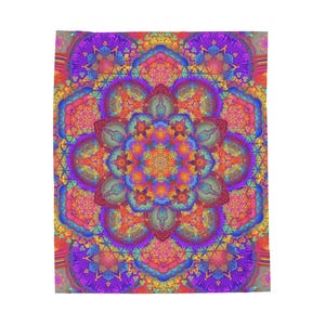 May include: A vibrant, square textile featuring a symmetrical mandala design. The artwork showcases a complex pattern of concentric circles and floral motifs in shades of purple, orange, blue, and pink. The overall effect is a colorful and intricate display.