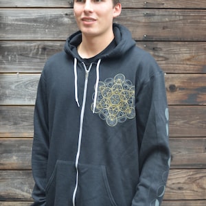 Glow in the Dark Metatron&#39;s Cube Moon and Zodiac Hoodie  - Sacred Geometry - Spiral of Life
