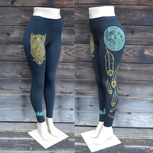 Gold Owl and Full Moon Feather Leggings - Women&#39;s Leggings - Yoga Leggings - Black Leggings - Women&#39;s Yoga Pants