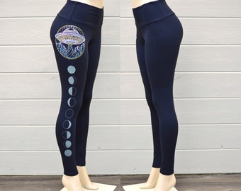 Glow in the Dark Alien UFO Fitness Leggings - Women's Black Yoga Leggings - Flying Saucer Leggings - Festival Leggings - Workout Leggings