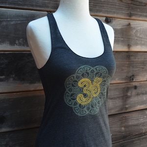 Tri-Black Racerback - Gold Om and Glow In the Dark Mandala Design - Yoga - Meditation - Sacred Geometry