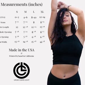 May include: A black sleeveless crop top shown alongside a size chart with measurements in inches for sizes S, M, L, and XL. The text includes 'Measurements (inches)', 'Made in the USA', 'Printed by hand in California', and the 'Uriah Clear Light' logo.