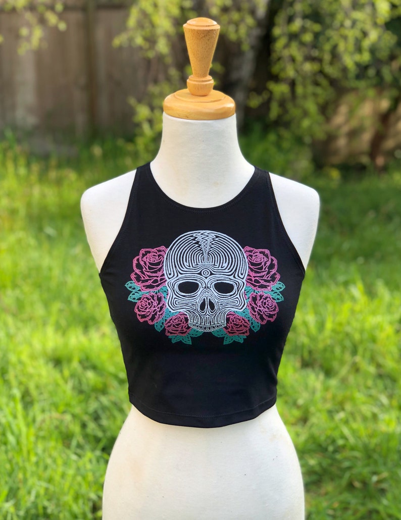 Metallic Skull and Rose Fitted Crop Top Geometric Skull Crop Top Festival Crop Top Women's Yoga Crop Top Black Crop Top image 2