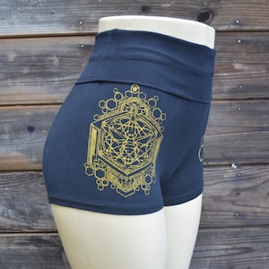 Sacred Geometric Honeybee High Waisted Hot Shorts  - Sacred Geometry - Roll Top Shorts - Yoga Wear