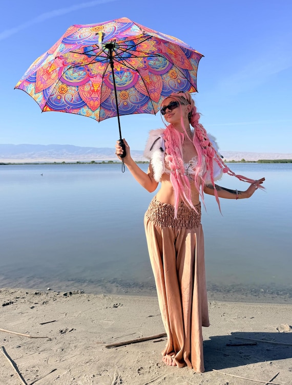 Psychedelic Mandala Umbrella – Hand Drawn Boho Festival Sun Parasol, Beach Shade