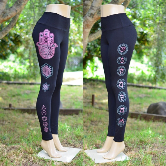 Hamsa Hand and Chakra Fitness Leggings Black Leggings Sacred Geometry  Clothing Flower of Life Yoga Wear Women's Chakra Leggings 