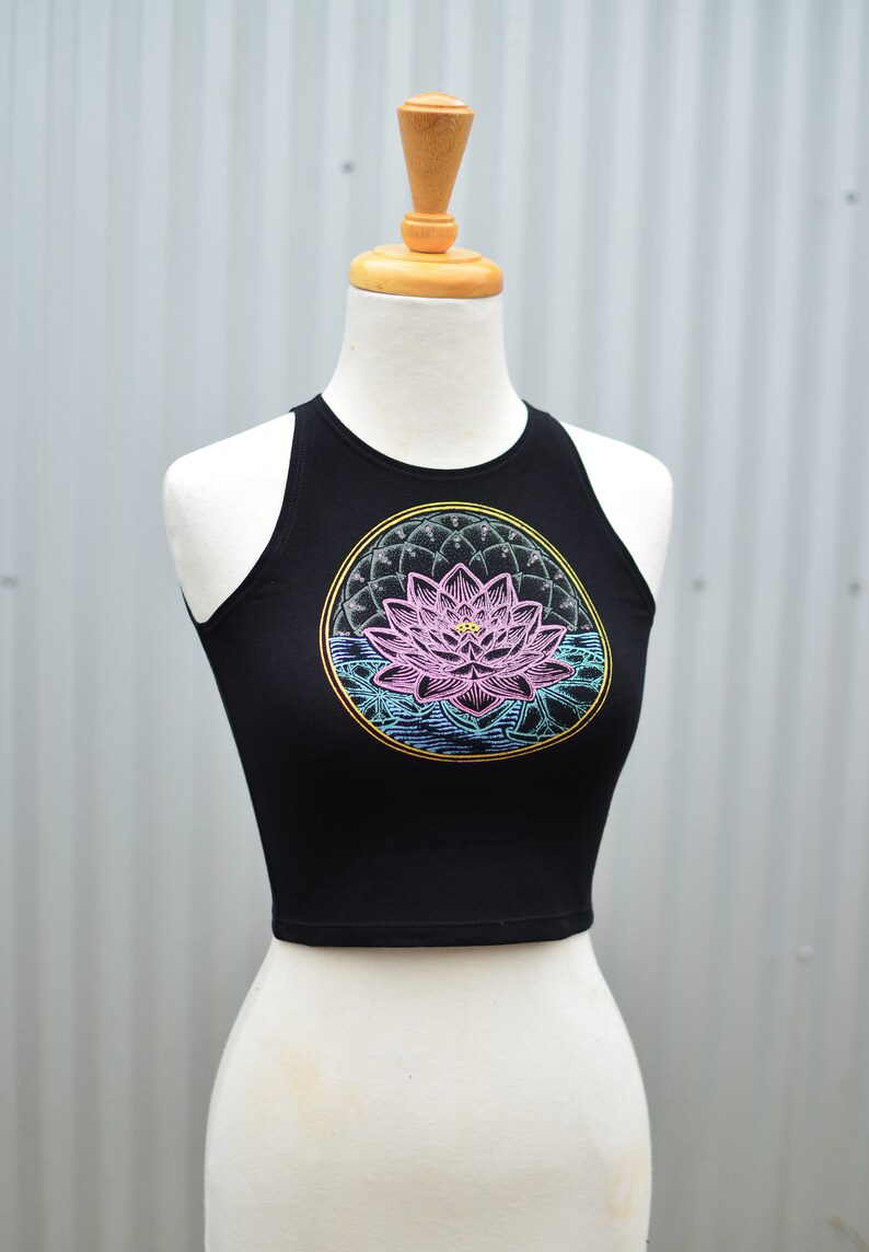 Handmade Screen Printed Lotus Flower Yoga Crop Top – Metallic Glow In The Dark Ink image 3