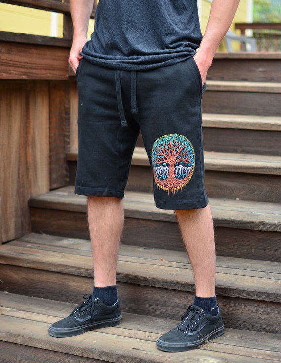 Tree of Life Sweat Shorts Men's Black Shorts Jogger Shorts Metallic  Festival Shorts Mens Workout Shorts Mens Nature Clothing 