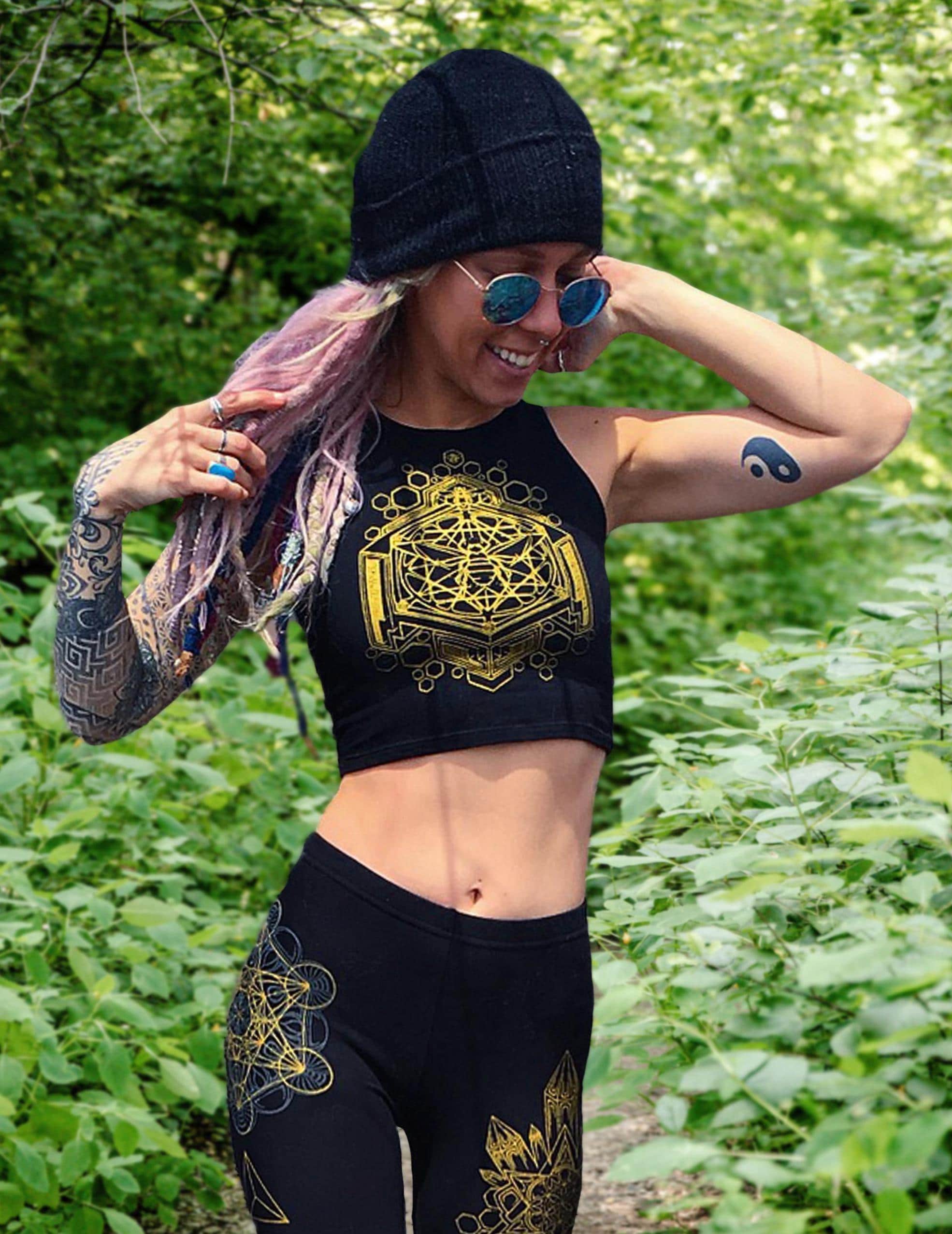 Golden Sacred Geometry Honey Bee Crop Top - Hand Made Women's Yoga