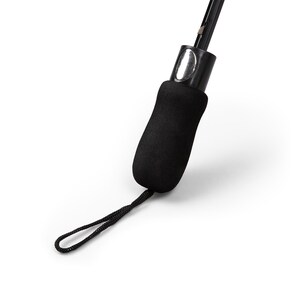 May include: A black umbrella handle with a textured foam grip, a silver-toned metallic button for opening, and a thin black nylon wrist strap attached to the base. The handle is connected to a thin black metal shaft extending upwards.