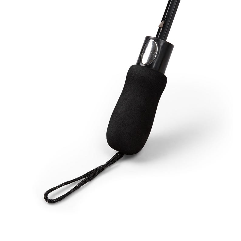 May include: A black umbrella handle with a textured foam grip, a silver-toned metallic button for opening, and a thin black nylon wrist strap attached to the base. The handle is connected to a thin black metal shaft extending upwards.